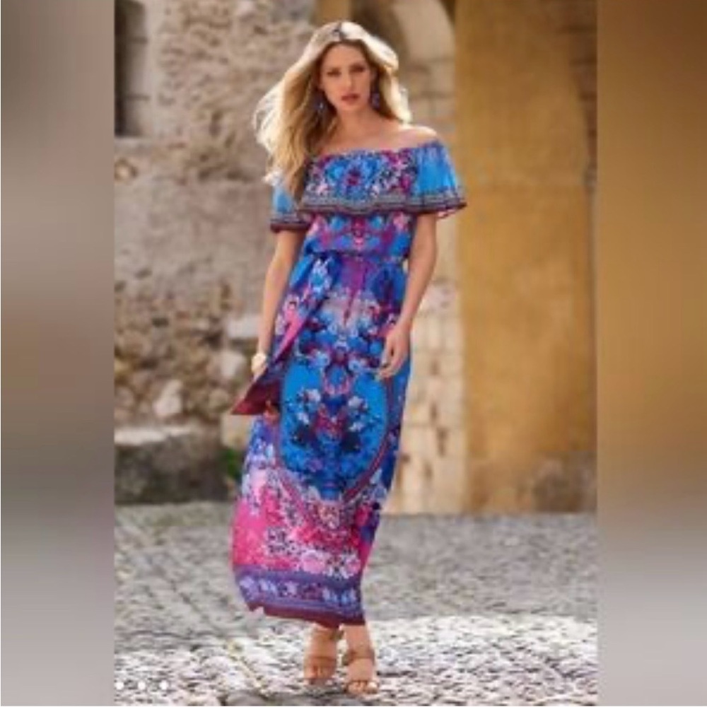 NWT Boston Proper Embellished Blue w/Pink Floral Maxi Dress w/Belt Camilla Vibe - Picture 2 of 16